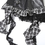 Zip-up PU leather plaid bowknot print ruffle mini skirt