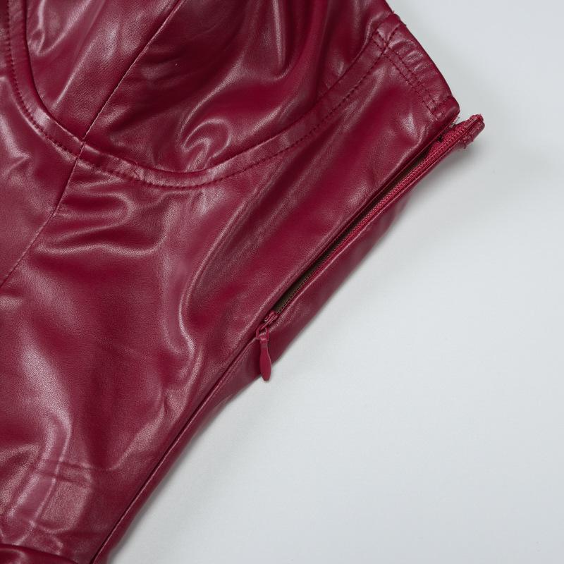 Robe midi tube plissée en cuir PU avec fermeture éclair et fente 