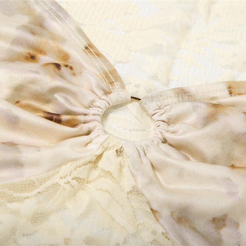 Long sleeve lace ruched print o ring hollow out top