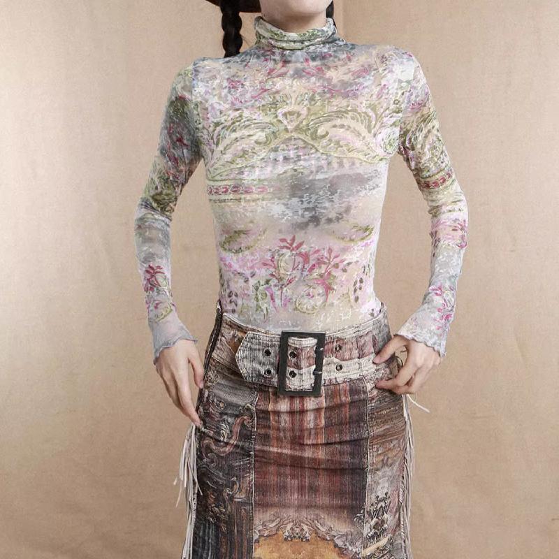 High neck long sleeve print ruffle contrast top