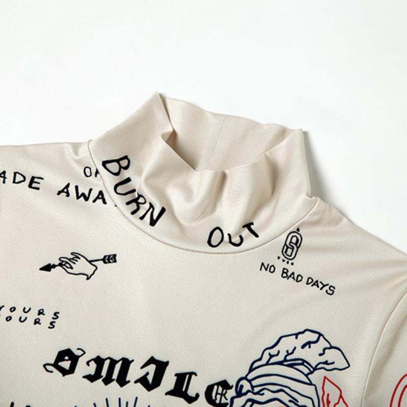 Top corto de manga larga en contraste con estampado de cuello alto 