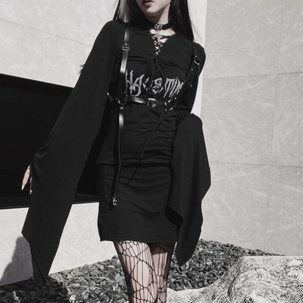 Long flared sleeve lace up letter pattern v neck mini dress