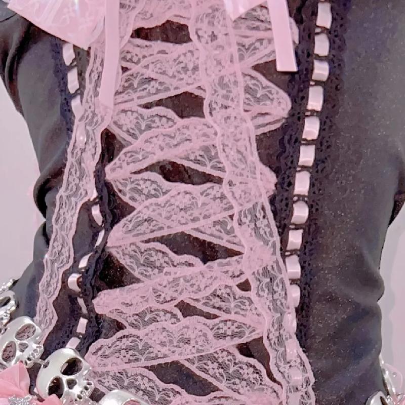 Ruffle bowknot v neck skull applique self tie cami top