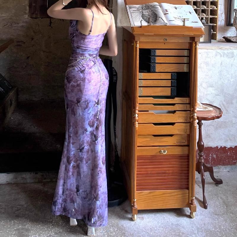 Slit lace hem flower applique print cami maxi dress