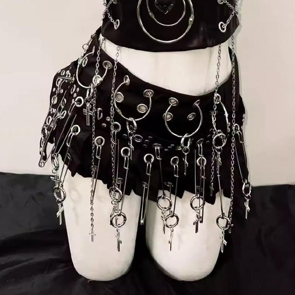 Hollow out o ring cross applique pleated A line mini skirt