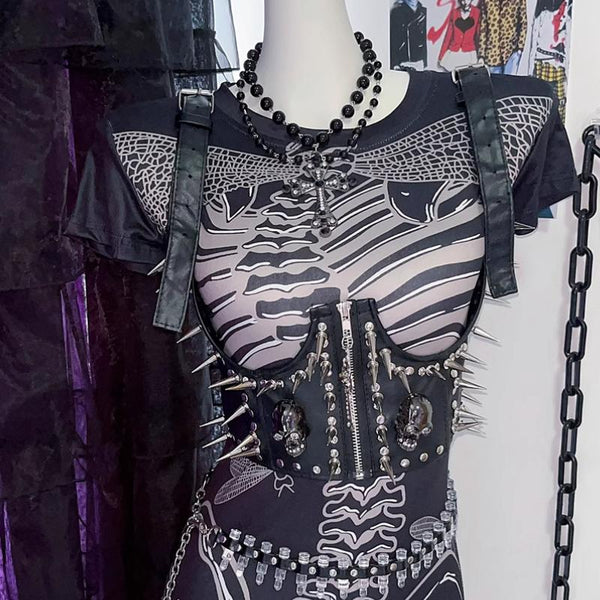Haut camisole en cuir PU avec fermeture éclair et boucle à motif tête de mort 