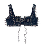 Metal chain lace up skull applique PU leather top