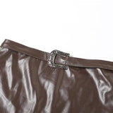 Irregular ruffle PU leather buckle mini skirt