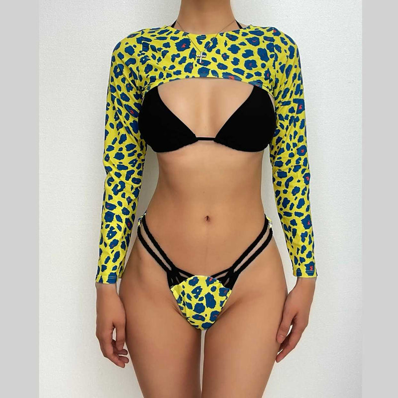 Maillot de bain 3 pièces à imprimé léopard, manches longues et dos nu contrasté 