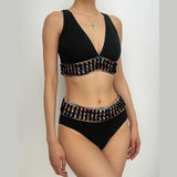 Traje de baño bikini sin mangas con escote en V en contraste 