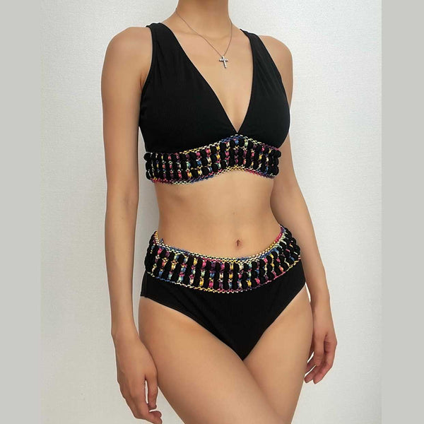 Traje de baño bikini sin mangas con escote en V en contraste 