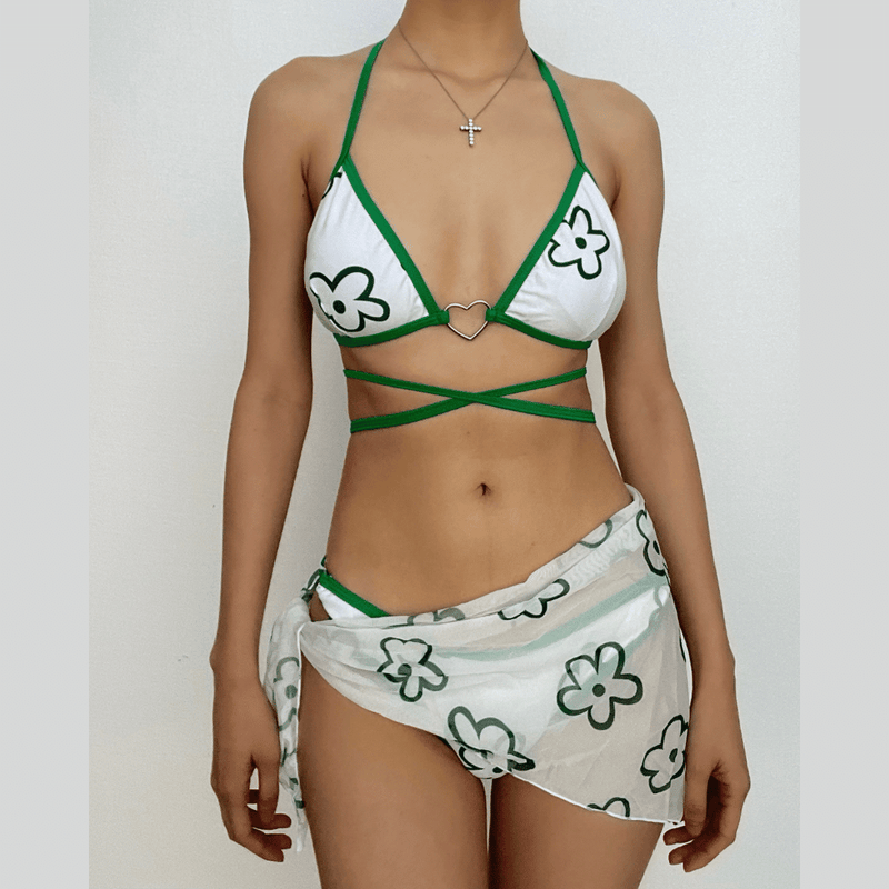 Traje de baño de 3 piezas con cuello halter, acolchado y con lazos en el cuello, estampado floral en contraste 