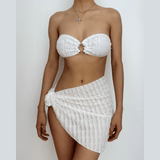 Traje de baño de 3 piezas con textura sólida, con anillo en O, sin espalda y con lazo 