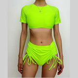 Short sleeve lace up solid drawstring bikini swimwear