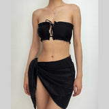 Traje de baño de tres piezas con cuello halter fruncido y lazo, liso, sin espalda 