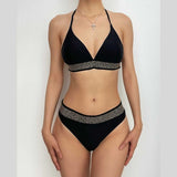 Beaded halter contrast bikini swimwear