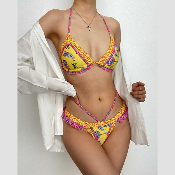 Maillot de bain bikini dos nu à imprimé froncé contrasté 
