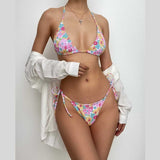 Maillot de bain bikini dos nu à motif floral smocké et à nouer soi-même 