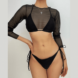 Maillot de bain 3 pièces uni à manches longues et col licou en maille 