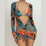 Maillot de bain 3 pièces à manches longues et col licou avec cordon de serrage en maille et imprimé contrasté 