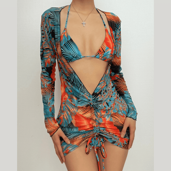 Traje de baño de 3 piezas con cuello halter, manga larga y estampado en contraste con cordón de malla 