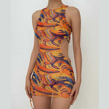 Traje de baño de 3 piezas con cuello halter, ahuecado, de malla con estampado en contraste y lazo 