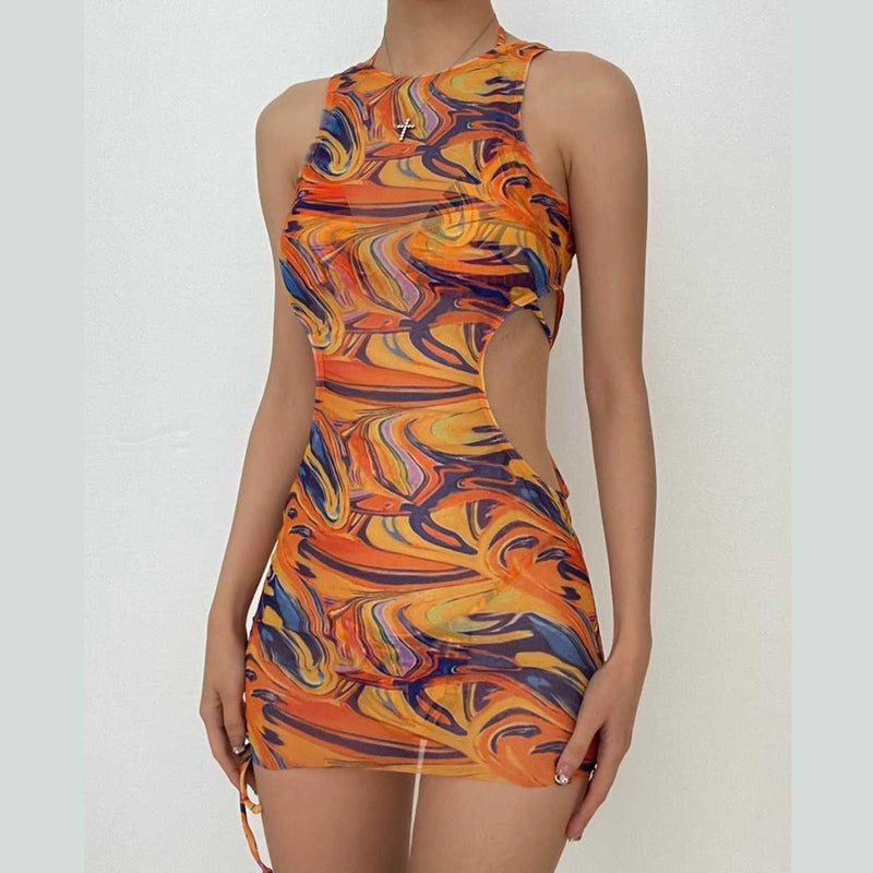 Traje de baño de 3 piezas con cuello halter, ahuecado, de malla con estampado en contraste y lazo 