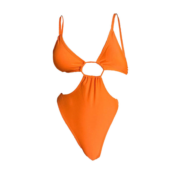 Maillot de bain une pièce à boutons solides et ajourés, coupe basse et froncée 