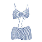 Traje de baño bikini de tirantes finos con cuello en V y cordón a rayas 