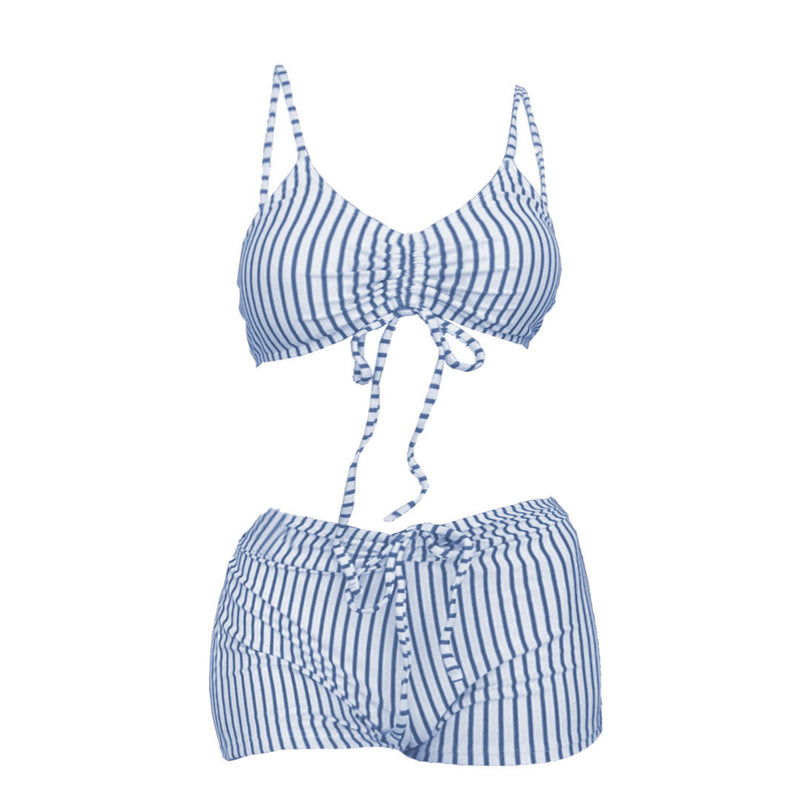 Traje de baño bikini de tirantes finos con cuello en V y cordón a rayas 