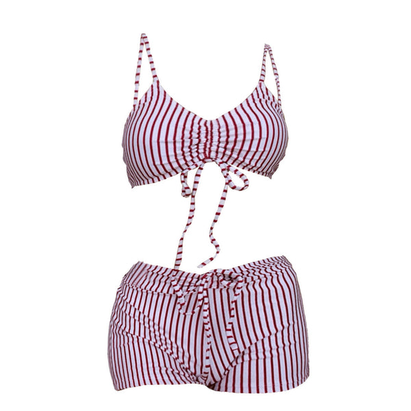 Traje de baño bikini de tirantes finos con cuello en V y cordón a rayas 