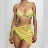 Flower print mesh contrast backless self tie 3 piece swimwear