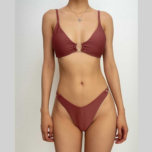 Maillot de bain bikini dos nu à col en V et anneau en O solide 