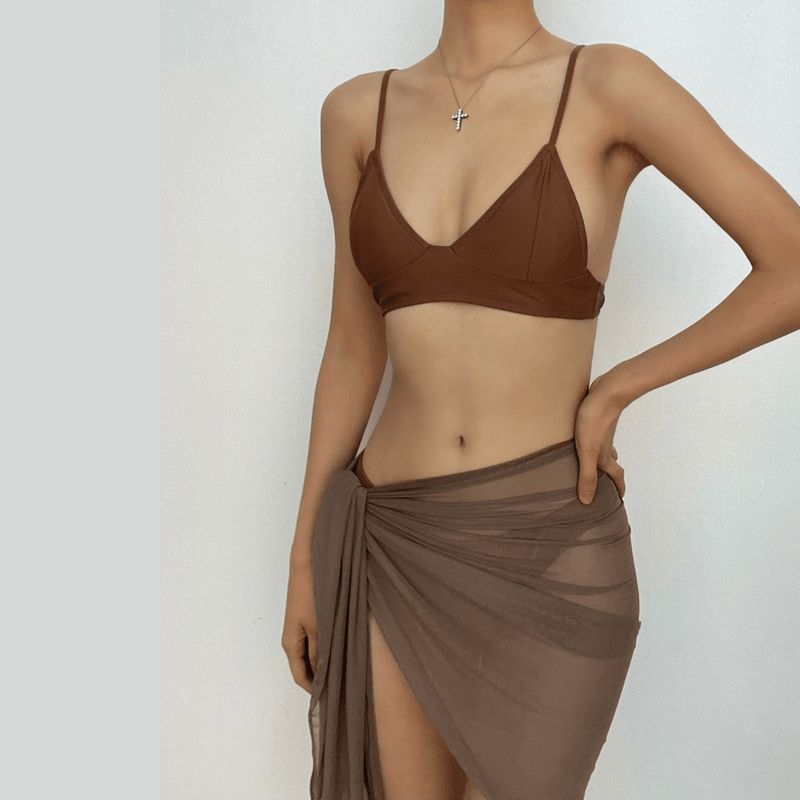 Maillot de bain 3 pièces dos nu en maille unie à nouer 