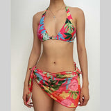 Traje de baño de 3 piezas con espalda descubierta, cuello halter, cordón ajustable y estampado floral 