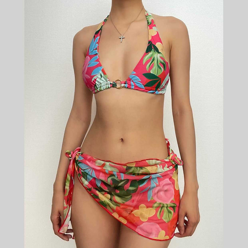 Traje de baño de 3 piezas con espalda descubierta, cuello halter, cordón ajustable y estampado floral 