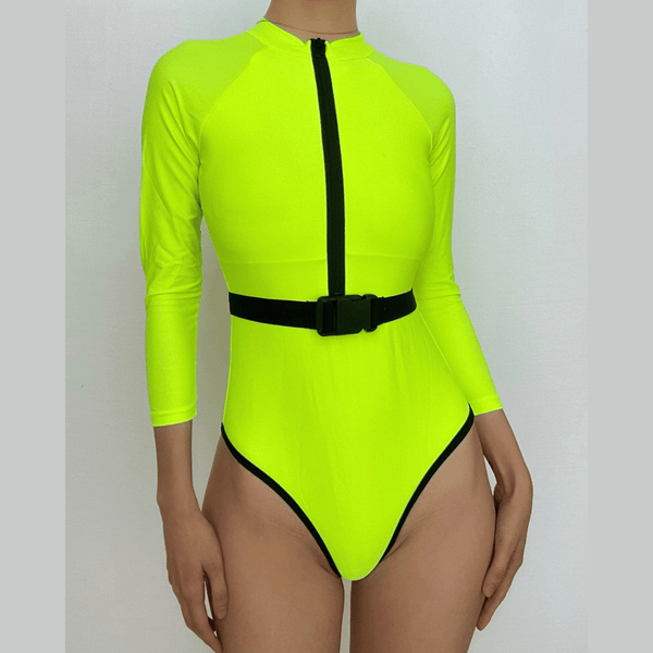 Zip-up contrast long sleeve belt one piece swimwear