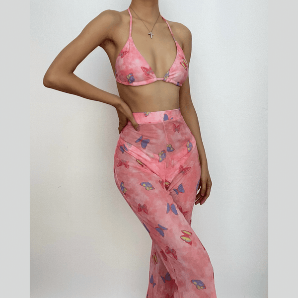 Maillot de bain 3 pièces à motif papillon en maille avec pantalon licou froncé 
