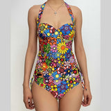 Maillot de bain bikini rembourré à imprimé floral contrasté et à nouer soi-même 