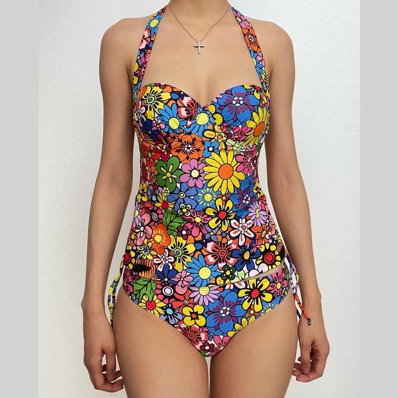 Maillot de bain bikini rembourré à imprimé floral contrasté et à nouer soi-même 