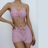 Traje de baño bikini de tirantes finos con cuello en V y cordón a rayas 