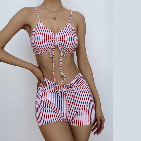 Traje de baño bikini de tirantes finos con cuello en V y cordón a rayas 