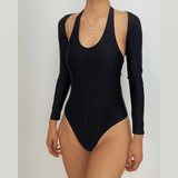 Maillot de bain une pièce uni à manches longues et col en U avec cache-maillot 