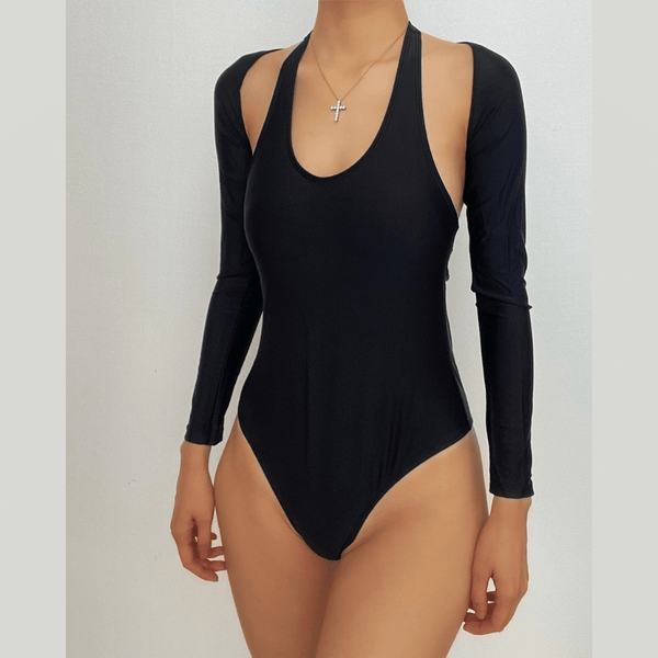 Traje de baño de una pieza con cuello en U, manga larga y cuello halter, con cubierta 