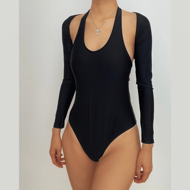 Maillot de bain une pièce uni à manches longues et col en U avec cache-maillot 