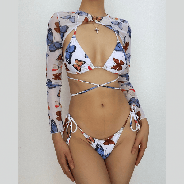 Conjunto de traje de baño de 4 piezas con falda con cordón y estampado de mariposas en contraste 