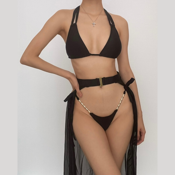Maillot de bain 3 pièces froncé à boutons et chaîne en métal à nouer soi-même 