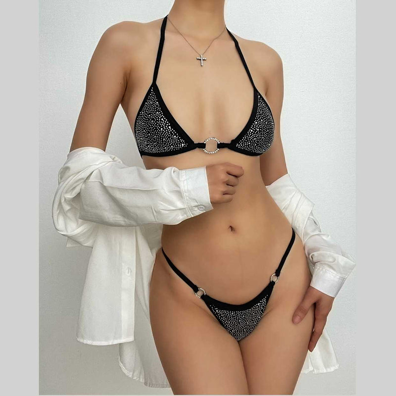 Maillot de bain bikini dos nu à nouer soi-même avec anneau en O et perles 