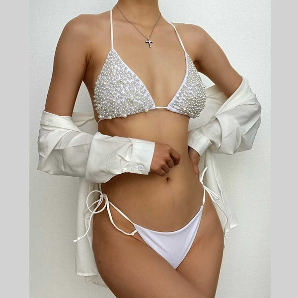 Traje de baño bikini con cuello halter de perlas, sin espalda, liso, con lazo 