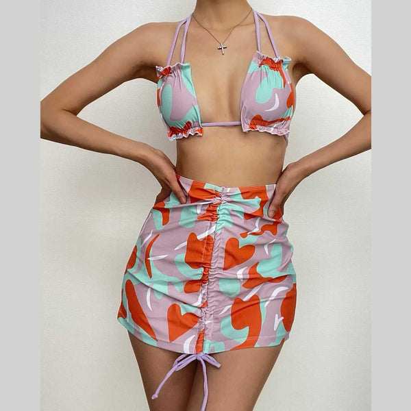 Maillot de bain 3 pièces dos nu rembourré avec cordon de serrage et imprimé contrasté 